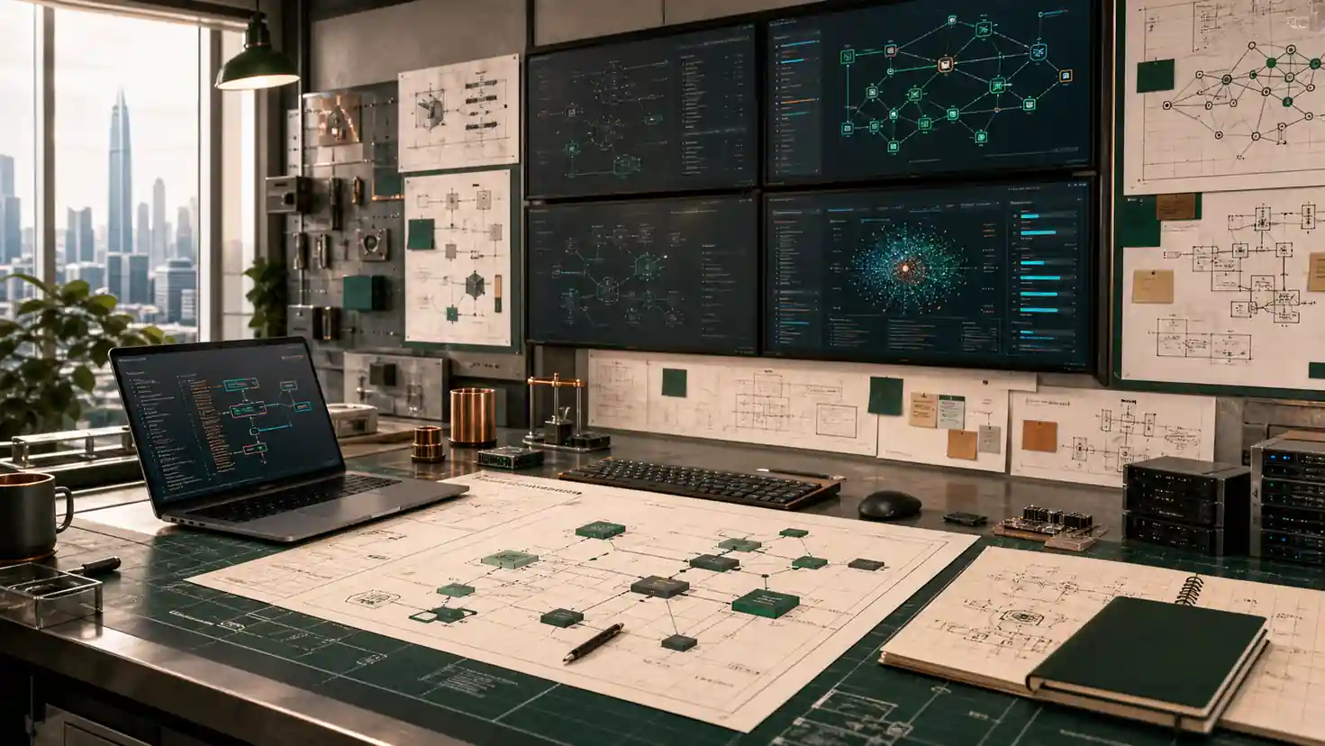 Staff engineer workspace with system architecture boards, observability dashboards, and deployment planning